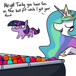 Size: 2250x2250 | Tagged: safe, artist:tjpones, part of a set, princess celestia, twilight sparkle, alicorn, pony, unicorn, ball pit, dialogue, duo, female, jewelry, mare, momlestia, regalia, simple background, twiggie, white background