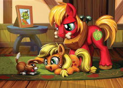 Size: 1200x857 | Tagged: safe, artist:harwick, applejack, big macintosh, granny smith, winona, dog, earth pony, pony, bone, colt, colt big macintosh, cute, female, filly, filly applejack, foal, freckles, jackabetes, male, mouth hold, open mouth, picture, puppy, weapons-grade cute, younger