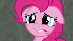 Size: 1280x720 | Tagged: safe, screencap, pinkie pie, pony, rock solid friendship, faic, female, floppy ears, lip bite, sad, solo