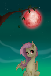 Size: 1024x1536 | Tagged: safe, artist:ridgessky, fluttershy, bat pony, pony, bat ponified, bat wings, blood moon, falling leaves, fangs, female, flutterbat, head turn, leaf, looking sideways, moon, night, night sky, race swap, sitting, sky, stars, three quarter view, tree, tree branch, wings