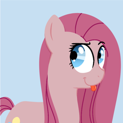 Size: 638x639 | Tagged: safe, derpibooru exclusive, derpibooru import, edit, editor:binkyt11, pinkie pie, earth pony, pony, :p, background pony, default avatar, derpibooru, looking back, looking sideways, meta, pinkamena diane pie, raised eyebrow, simple background, solo, tongue out