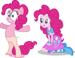 Size: 1610x1234 | Tagged: safe, artist:jdbener, artist:limedazzle, artist:porygon2z, artist:tardifice, edit, editor:slayerbvc, pinkie pie, earth pony, pony, equestria girls, bipedal, bottomless, clothes, concerned, female, fur, furless edit, human ponidox, kneeling, mare, partial nudity, self ponidox, shaved tail, simple background, surprised, transparent background, vector, vector edit, wardrobe malfunction, wide eyes