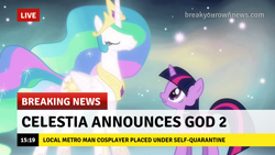 Size: 1280x720 | Tagged: safe, edit, edited screencap, screencap, princess celestia, twilight sparkle, alicorn, pony, unicorn, magical mystery cure, break your own news, breaking news, despacito 2, eyes closed, live, princess celestia's special princess making dimension