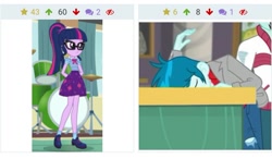 Size: 809x473 | Tagged: safe, edit, edited screencap, screencap, curly winds, sci-twi, some blue guy, thunderbass, twilight sparkle, better together, equestria girls, overpowered (equestria girls), school of rock, background human, derpibooru, female, geode of telekinesis, juxtaposition, male, meta, sleeping