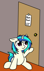 Size: 741x1199 | Tagged: safe, artist:neuro, dj pon-3, vinyl scratch, pony, unicorn, door, solo