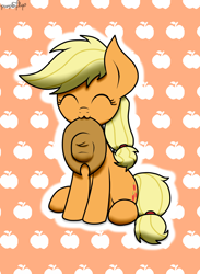 Size: 1536x2101 | Tagged: safe, artist:kimjoman, applejack, earth pony, pony, :3, accessories, apple, cowboy hat, cowgirl, cute, eyes closed, female, filly, happy, hat, jackabetes, mouth hold, nom, sitting, solo