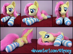 Size: 5405x4075 | Tagged: safe, artist:qtpony, fluttershy, pony, absurd resolution, blushing, clothes, cute, irl, photo, plot, plushie, shyabetes, socks, solo, striped socks