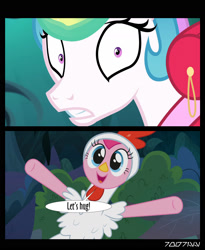 Size: 1288x1572 | Tagged: safe, edit, edited screencap, editor:teren rogriss, screencap, pinkie pie, princess celestia, alicorn, earth pony, pony, between dark and dawn, alektorophobia, animal costume, chicken pie, chicken suit, clothes, costume, forest, frightened, that princess sure is afraid of chickens