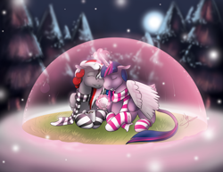 Size: 1650x1275 | Tagged: safe, artist:kiramoses, derpibooru import, twilight sparkle, twilight sparkle (alicorn), oc, oc:bridle timeout, alicorn, pony, canon x oc, clothes, magic aura, shipping, snuggling, socks, striped socks