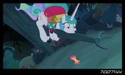 Size: 1288x778 | Tagged: safe, edit, edited screencap, editor:teren rogriss, screencap, princess celestia, scootaloo, alicorn, pegasus, pony, between dark and dawn, somepony to watch over me, alektorophobia, aurekbesh script, bow, forest, frightened, hair bow, looking down, scootachicken, scootaloo is best chicken, sitting in a tree, that princess sure is afraid of chickens, tree, tree branch