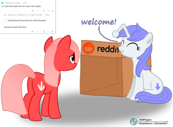Size: 2884x2116 | Tagged: safe, artist:arifproject, oc, oc only, oc:discentia, oc:downvote, earth pony, pony, box, cardboard box, derpibooru, derpibooru ponified, downvote, duo, inkscape, meta, ponified, reddit, simple background, smiling, transparent background, vector