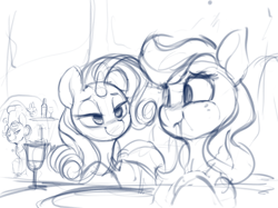 Size: 994x743 | Tagged: safe, artist:dimfann, applejack, rarity, earth pony, pony, unicorn, alcohol, eating, female, lesbian, lidded eyes, mare, monochrome, rarijack, shipping, sketch, waiter, wine