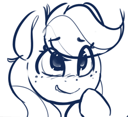 Size: 946x868 | Tagged: safe, artist:dimfann, applejack, earth pony, pony, blushing, bust, female, mare, monochrome, portrait, sketch, smiling, solo