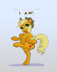 Size: 1209x1529 | Tagged: safe, artist:xbi, applejack, earth pony, pony, 30 minute art challenge, chest fluff, chicken dance, cute, female, flexible, gradient background, mare, silly, silly pony, solo, tongue out, truth, who's a silly pony