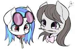 Size: 1421x923 | Tagged: safe, artist:ccc, dj pon-3, octavia melody, vinyl scratch, earth pony, pony, unicorn, baton, bow, cute, female, food, glasses, mare, pocky, simple background, white background