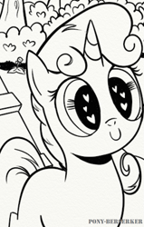 Size: 383x604 | Tagged: safe, artist:pony-berserker, sweetie belle, heart eyes, monochrome, solo