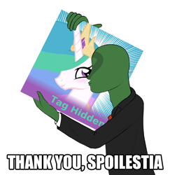 Size: 800x822 | Tagged: artist needed, safe, princess celestia, oc, oc:anon, human, blushing, derpibooru, image macro, kissing, meme, meta, spoilered image joke, tag hidden