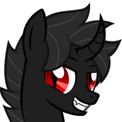 Size: 500x500 | Tagged: safe, artist:the smiling pony, oc, oc only, oc:the darkness, alicorn, pony, .svg available, bust, curved horn, derpibooru, derpibooru badge, fangs, grin, meta, simple background, slit eyes, smiling, solo, svg, transparent background, vector