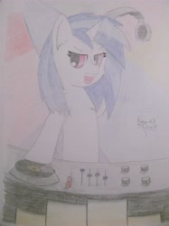 Size: 3440x4608 | Tagged: safe, artist:raventheghost, dj pon-3, vinyl scratch, pony, unicorn, absurd resolution, solo, traditional art