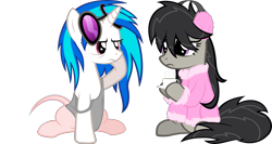 Size: 4167x2211 | Tagged: safe, artist:zacatron94, edit, edited edit, editor:slayerbvc, dj pon-3, octavia melody, vinyl scratch, earth pony, pony, unicorn, bathrobe, bed mane, bottomless, clothes, coffee, earmuffs, female, furless, furless edit, mare, messy mane, morning ponies, off shoulder, partial nudity, partial nudity edit, robe, simple background, sitting, sunglasses, tanktop, transparent background, vector