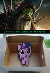 Size: 870x1278 | Tagged: safe, twilight sparkle, box, evil people finding dash meme, exploitable meme, female, filly, filly twilight sparkle, gul'dan, happy, meme, meta, obligatory pony, this will not end well, warcraft, warcraft movie, younger