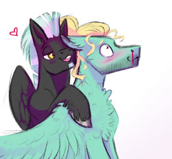 Size: 558x515 | Tagged: safe, artist:vindhov, thunderlane, zephyr breeze, pegasus, pony, blood, blushing, crack shipping, flirting, gay, heart, male, nosebleed, shipping, simple background, stallion, whispering, white background, zephyrlane