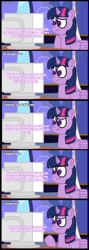 Size: 354x992 | Tagged: safe, artist:jamesawilliams1996, twilight sparkle, twilight sparkle (alicorn), alicorn, comic:twilight discovers derpibooru, comic, computer, derpibooru, meta, purple text