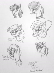 Size: 1633x2199 | Tagged: safe, artist:binkyt11, derpibooru exclusive, oc, oc only, oc:artabana, oc:cold front, oc:dawnsong, oc:lightning dee, oc:marshmallow, oc:sky spark, pony, unicorn, derpibooru, descriptive noise, donut, faic, food, meta, monochrome, pencil drawing, pone, sleep deprivation, tongue out, traditional art, wat