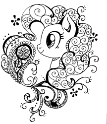 Size: 2115x2448 | Tagged: safe, artist:denigirl, edit, pinkie pie, earth pony, pony, female, mare, monochrome, simple background, solo, white background