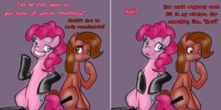 Size: 1504x750 | Tagged: safe, artist:jitterbugjive, pinkie pie, oc, oc:pun, earth pony, pony, ask, ask pun, clothes, female, kinkie pie, latex, latex socks, mare, socks