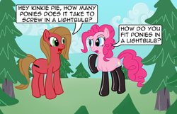 Size: 1280x825 | Tagged: safe, artist:envyxkitty, pinkie pie, oc, oc:pun, earth pony, pony, ask, ask pun, clothes, female, kinkie pie, latex, latex socks, mare, socks, tree