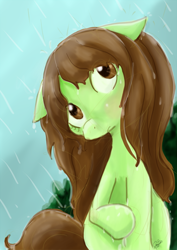 Size: 620x876 | Tagged: safe, artist:cloverminto, oc, oc only, earth pony, pony, female, floppy ears, head tilt, mare, rain, sitting, solo, wet mane