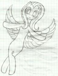 Size: 1284x1675 | Tagged: safe, artist:mfg637, fluttershy, pegasus, pony, flying, graph paper, lined paper, pencil drawing, simple background, sketch, solo, spread wings, traditional art, wings