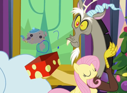 Size: 1710x1268 | Tagged: safe, screencap, discord, fluttershy, pegasus, pony, best gift ever, out of context, teapot