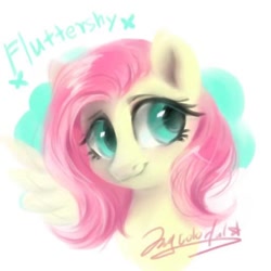 Size: 512x512 | Tagged: safe, artist:colorfulcolor233, fluttershy, pegasus, pony, abstract background, bust, female, looking away, looking sideways, mare, name, portrait, signature, smiling, solo, three quarter view