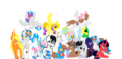 Size: 1750x850 | Tagged: safe, artist:haillee, oc, oc only, earth pony, pegasus, pony, unicorn, amino, curator, female, friends, happy, male, mare, simple background, stallion, white background