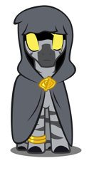 Size: 567x1020 | Tagged: safe, artist:wingbeatpony, oc, oc only, oc:hide, zebra, .svg available, 2018 community collab, cloak, clothes, derpibooru, derpibooru community collaboration, derpibooru ponified, glowing eyes, jewelry, male, meta, ponified, simple background, solo, species swap, svg, transparent background, vector, zebrafied