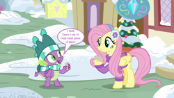 Size: 1280x720 | Tagged: safe, edit, edited screencap, screencap, fluttershy, spike, dragon, pegasus, pony, best gift ever, clothes, dialogue, earmuffs, hat, paper, scarf, sweater, text, winged spike