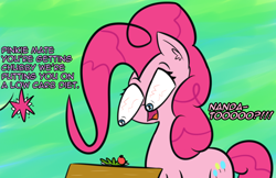 Size: 1432x928 | Tagged: safe, artist:artiks, pinkie pie, earth pony, pony, atg 2018, dialogue, diet, female, food, gratuitous japanese, implied twilight sparkle, mare, newbie artist training grounds, salad, solo