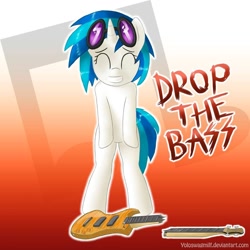 Size: 960x960 | Tagged: safe, artist:marble-soda, dj pon-3, vinyl scratch, pony, unicorn, abstract background, bass guitar, bipedal, broken, drop the bass, eyes closed, grin, musical instrument, pun, smiling, solo, sunglasses, visual pun