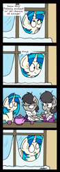 Size: 1217x3445 | Tagged: safe, artist:bobthedalek, dj pon-3, octavia melody, vinyl scratch, oc, oc:mixed melody, oc:octavia's mother, earth pony, pony, unicorn, bathrobe, bed mane, clothes, comic, cup, octavia is not amused, oh crap face, robe, snow, sudden realization, teacup, teapot, this will end in intensive mothering, unamused, window