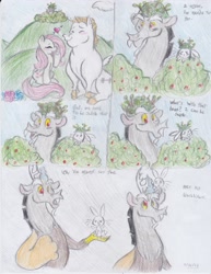 Size: 2550x3300 | Tagged: safe, artist:lacedra, angel bunny, bulk biceps, discord, fluttershy, pegasus, pony, comic, female, flutterbulk, jealous, male, shipping, straight, traditional art