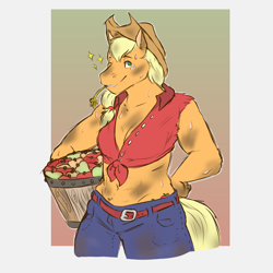 Size: 1000x1000 | Tagged: safe, artist:princesstor, applejack, anthro, abs, apple, belly button, clothes, dirty, food, front knot midriff, hay stalk, jeans, midriff, one eye closed, pants, solo, straw in mouth, sweat, wink