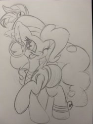 Size: 3024x4032 | Tagged: safe, artist:zemer, pinkie pie, earth pony, pony, ear piercing, earring, gypsy pie, jewelry, monochrome, one eye closed, pencil drawing, piercing, tongue out, traditional art, wink