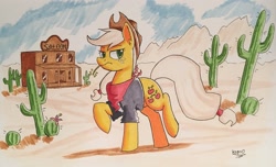 Size: 3300x2000 | Tagged: safe, artist:hypno, applejack, earth pony, pony, bandana, cactus, clothes, cowboy hat, desert, female, hat, mare, marker drawing, raised hoof, saguaro cactus, saloon, straw in mouth, traditional art, western