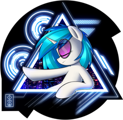 Size: 2391x2326 | Tagged: safe, artist:january3rd, dj pon-3, vinyl scratch, pony, unicorn, city, eyes closed, shirt design, simple background, smiling, solo, sunglasses, transparent background