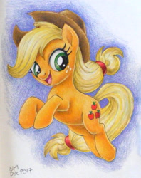 Size: 800x1008 | Tagged: safe, artist:andpie, applejack, earth pony, pony, colored pencil drawing, cowboy hat, female, hat, looking at you, mare, simple background, solo, traditional art