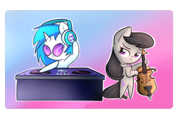 Size: 3000x2000 | Tagged: safe, artist:vcm1824, dj pon-3, octavia melody, vinyl scratch, earth pony, pony, unicorn, cello, chibi, duo, gradient background, headphones, musical instrument, turntable