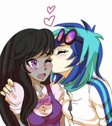 Size: 660x741 | Tagged: safe, artist:bbtasu, dj pon-3, octavia melody, vinyl scratch, equestria girls, anime style, bowtie, clothes, female, flustered, glasses, kissing, lesbian, scratchtavia, shipping, simple background, white background, zipper