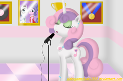 Size: 3486x2307 | Tagged: safe, artist:pajama-ham, cookie crumbles, hondo flanks, sweetie belle, pony, unicorn, adult, alternate cutie mark, award, cookieflanks, ear piercing, female, high res, mare, microphone, older, piercing, singing, solo